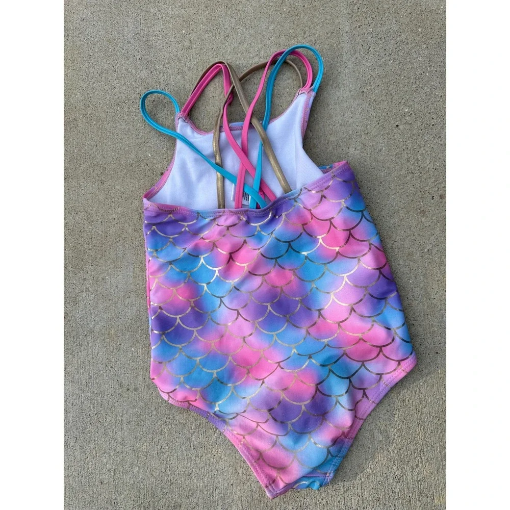 Betsey Johnson‎ Girls Mermaid Scale One Piece Swimsuit Pink Blue Sequin Shell 6X